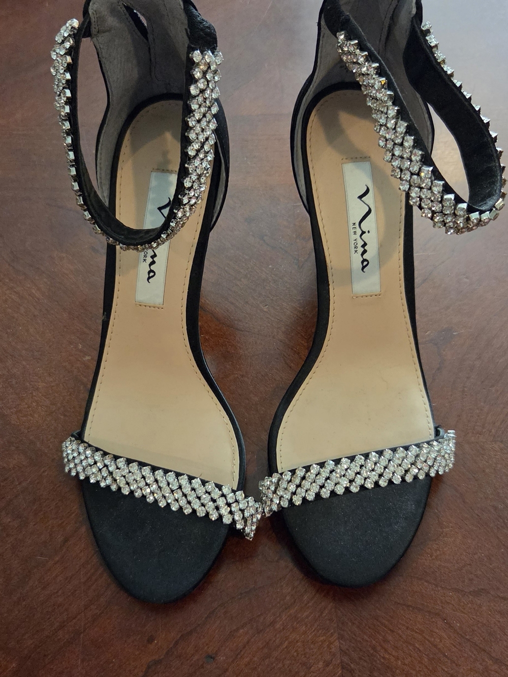 Nina Black Crystal Ankle-Strap Heels